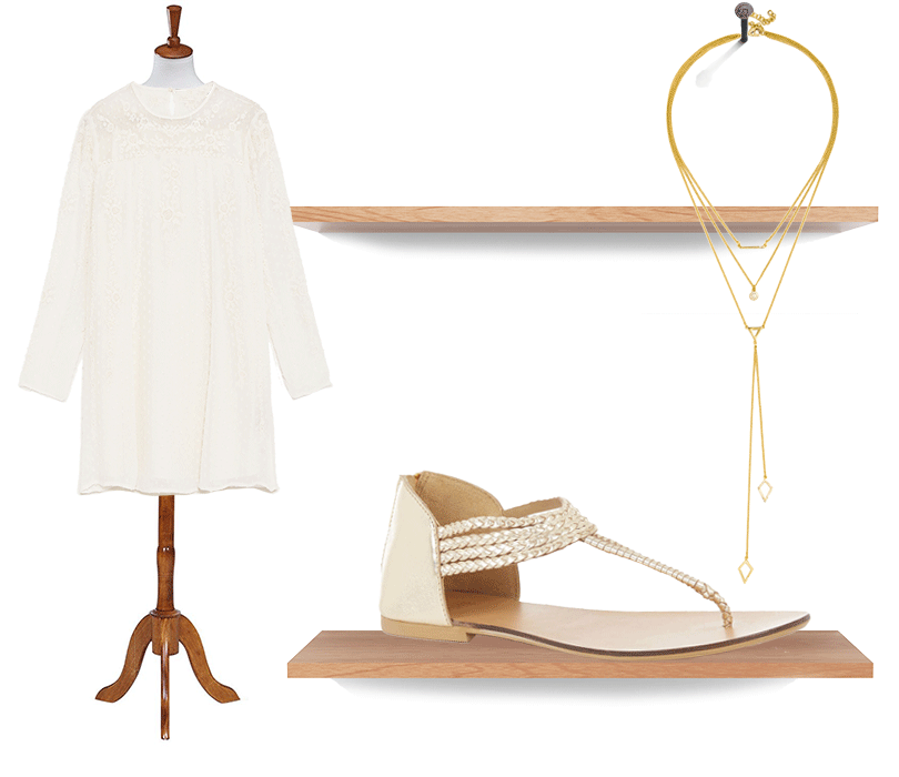 Короткое кружевное платье Zara, золотые сандалии-гладиаторы Oasis и многослойное ожерелье BaubleBar
