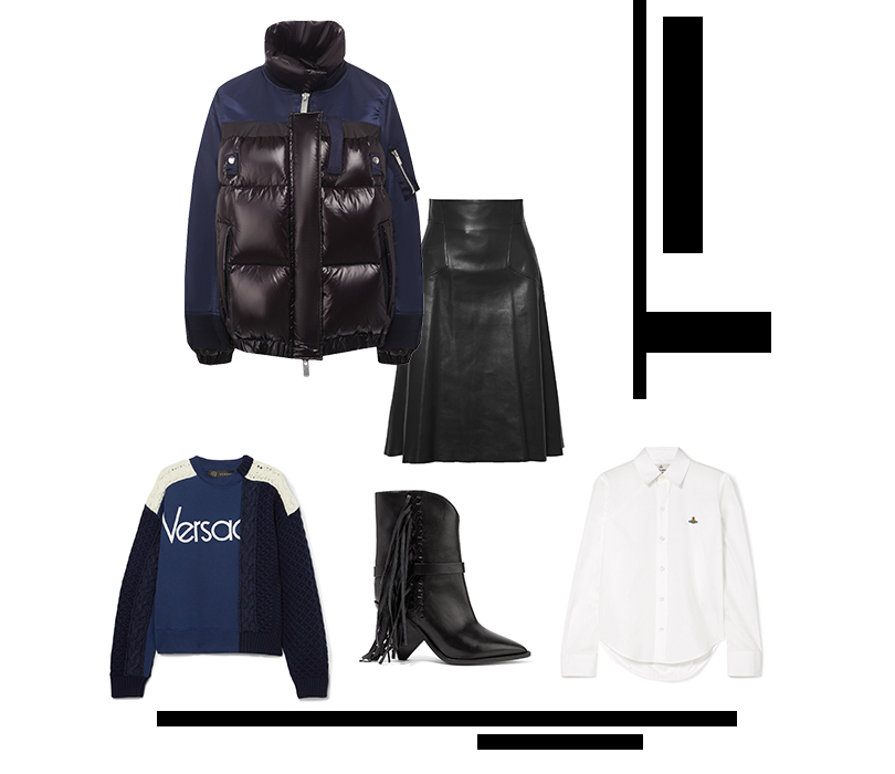 Куртка, Sacai; юбка из кожи, Alexander McQueen; свитер, Versace; сорочка, Vivienne Westwood; сапоги, Isabel Marant
