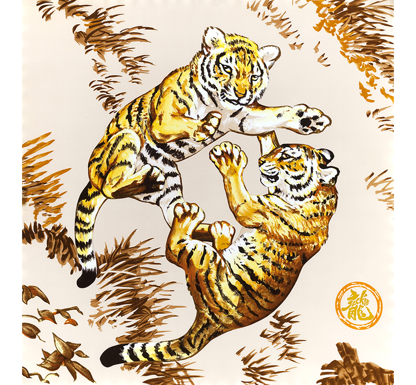 Платок Hermès Les Tigreaux («Тигрята»), автор Robert Dallet (1923-2006), был выпущен в 2008 году, крайне малым тиражом в 400 экземпляров специально для благотворительного фонда Jackie Chan Charitable Foundation. Восторженный и цепкий дух известнейшего актера Джеки Чана хорошо демонстрируется двумя игривыми тигрятами. Полные энергии и радости, тигрята также представляют светлое будущее, которое Джеки Чан предвидит для будущих поколений