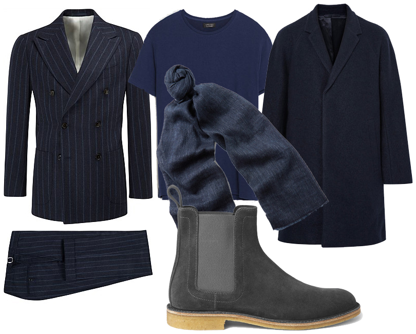 Костюм Suitsupply, футболка Zara, шарф Loro Piana, ботинки Bottega Veneta, пальто Cos
