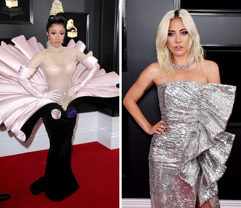 Церемония вручения музыкальной премии «Грэмми 2019» в Лос-Анджелесе. Карди Би в Mugler. Леди Гага в Celine и украшениях Tiffany & Co.
