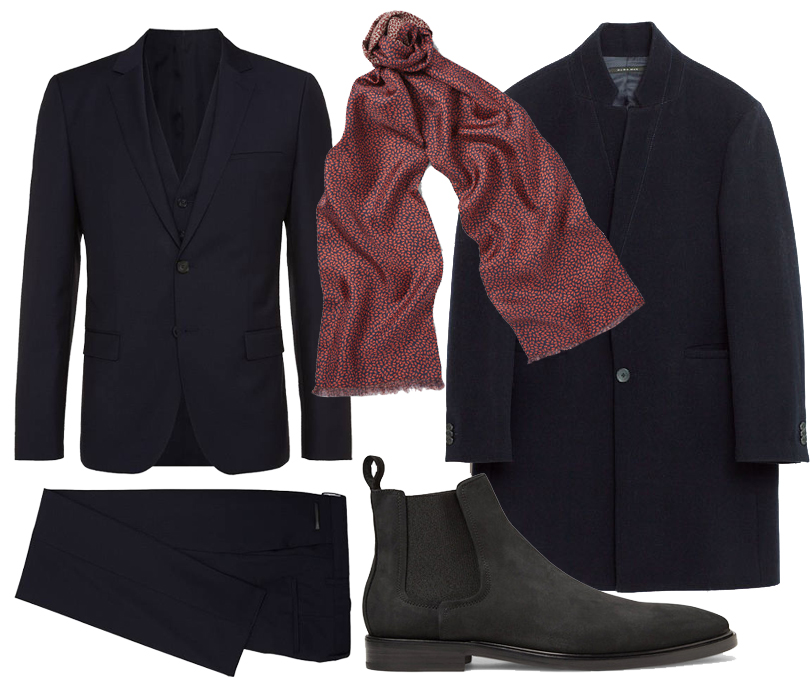 Костюм-тройка Hugo Boss, шелковый шарф Paul Smith, ботинки-«челси» Lanvin, пальто из сукна Zara